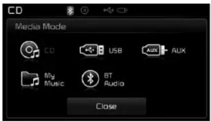 CD Media Mode CD USB AUX AUX My Music BT Audio Close