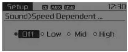Setup CD AUX USB 12:30 Sound>Speed Dependent ... Off Low Mid High