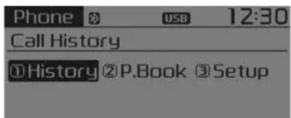 Phone USB 12:30 Call History ①History ②P.Book ③Setup