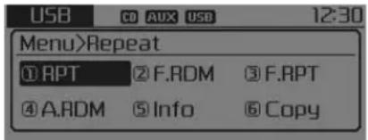 USB 12:30 Menu>Repeat ① RPT ② F.RDM ③ F.RPT ④ A.RDM ⑤ Info ⑥ Copy
