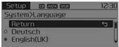 Setup CD AUX USD 12:30 System>Language Return Deutsch English(UK)