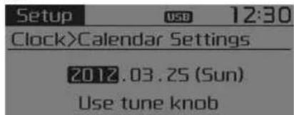 Setup USB 12:30 Clock>Calendar Settings 2012.03.25 (Sun) Use tune knob