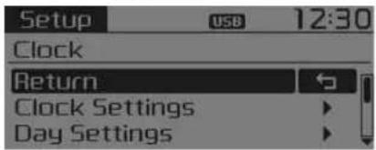 Setup USB 12:30 Clock Return Clock Settings Day Settings