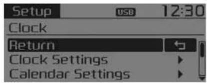 Setup USB 12:30 Clock Return Clock Settings Calendar Settings