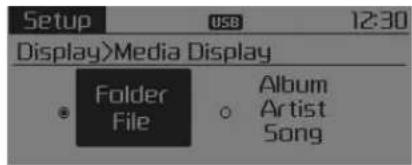 Setup USB 12:30 Display>Media Display Folder File Album Artist Song