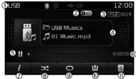 USB 12:00 2 0 3 FILE 0019 USB Musics 01 Music.mp3 4 5 0:00:00 6 i 7 8 9 10 11