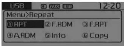 USB CO AUX USB 12:20 Menu>Repeat ① RPT ② F.RDM ③ F.RPT ④ A.RDM ⑤ Info ⑥ Copy