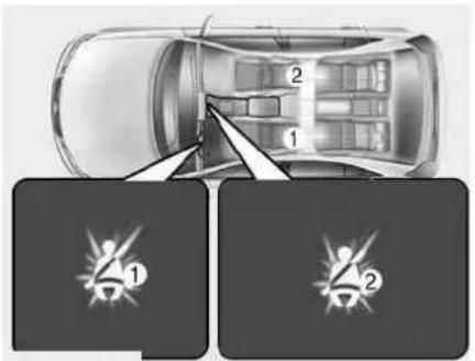 Diagram showing car interior with numbered zones and two labeled safety icons (1 and 2) below.