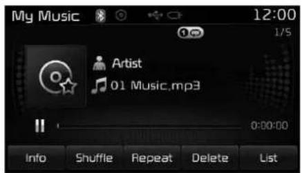 My Music 12:00 1/5 Artist 01 Music.mp3 0:00:00 Info Shuffle Repeat Delete List