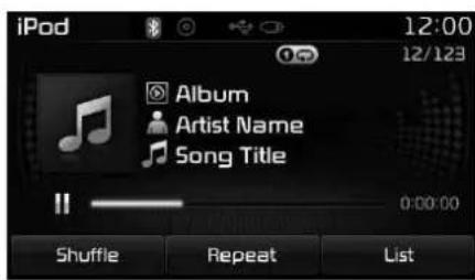 iPod 12:00 12/123 Album Artist Name Song Title 0:00:00 Shuffle Repeat List