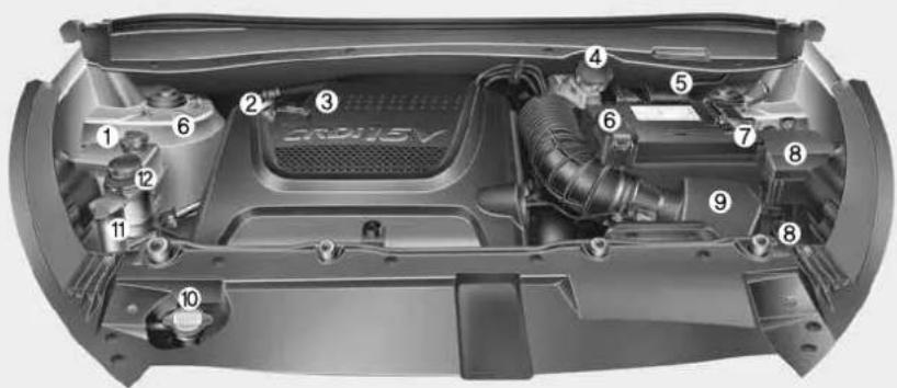 Technical diagram of a car engine bay with numbered components for identification