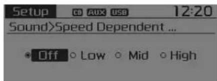 Setup CD AUX USB 12:20 Sound>Speed Dependent ... Off Low Mid High