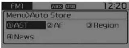 FM1 AUX USB 12:20 Menu>Auto Store ① AST ② AF ③ Region ④ News