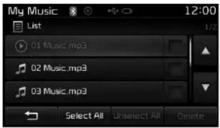 My Music 12:00 List 01 Music.mp3 02 Music.mp3 03 Music.mp3 Select All Unselect All Delete