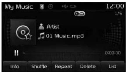 My Music 12:00 1/5 Artist 01 Music.mp3 0:00:00 Info Shuffle Repeat Delete List