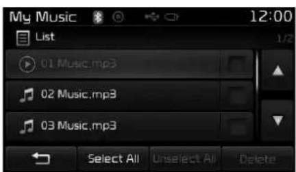 My Music 12:00 List 01 Music.mp3 02 Music.mp3 03 Music.mp3 Select All Unselect All Delete