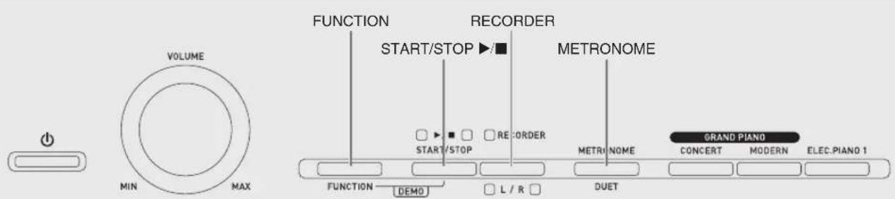 VOLUME MIN MAX FUNCTION START/STOP ▶/■ RECORDER METRONOME START/STOP REORDER METRINOME GRAND PIANO CONCERT MODERN ELEC.PIANO 1 FUNCTION DEMO L / R DUET
