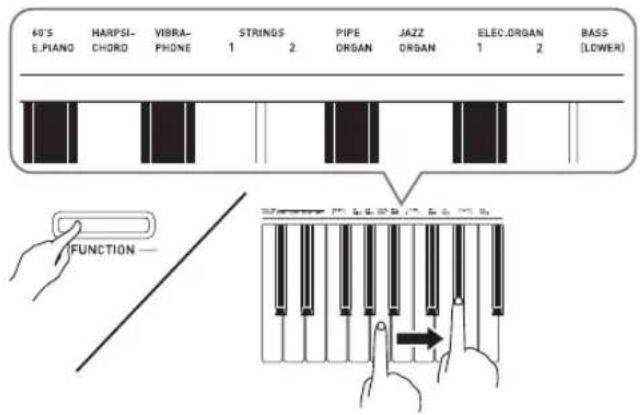 40'S HARPSI- E.PIANO CHORD VIBRA- PHONE STRINGS 1 2 PIPE ORGAN JAZZ ORGAN ELEC.ORGAN 1 2 BASS (LOWER) FUNCTION