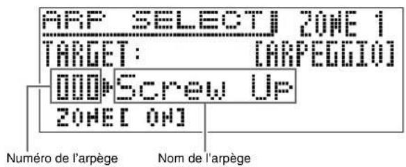 ARP SELECT ZONE 1 TARGET: [ARPEGGIO] 0004 Screw Up ZONE[ ON] Numéro de l'arpège Nom de l'arpège