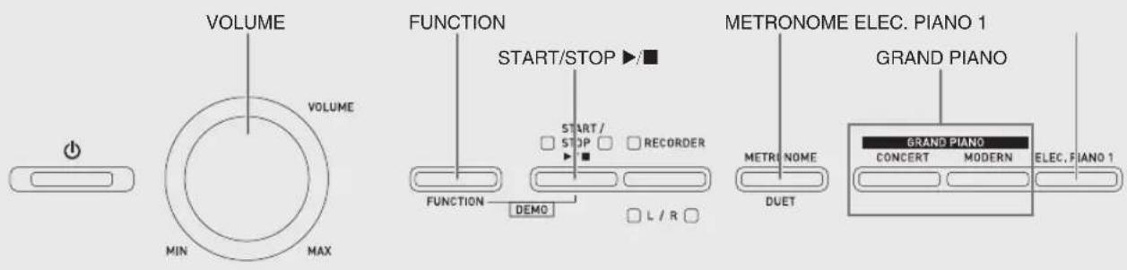 VOLUME MIN MAX FUNCTION START/STOP ▶/ FUNCTION DEMO METRONOME ELEC. PIANO 1 METRINOME DUET GRAND PIANO GRAND PIANO CONCERT MODERN ELEC. PIANO 1