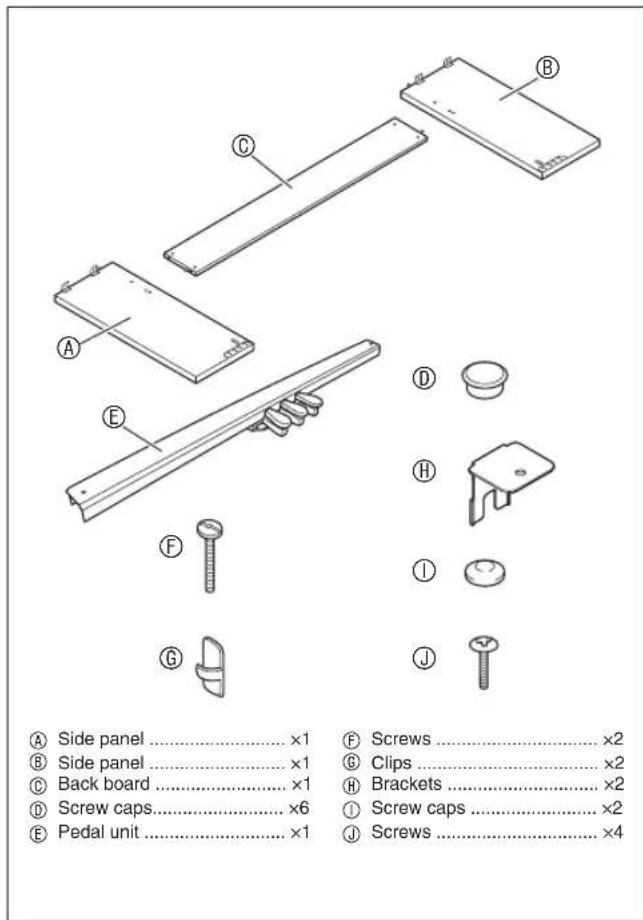 A Side panel ....x1 B Side panel ....x1 C Back board ....x1 D Screw caps....x6 E Pedal unit ....x1 F Screws ....x2 G Clips ....x2 H Brackets ....x2 I Screw caps ....x2 J Screws ....x4