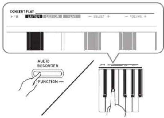 CONCERT PLAY > / ■ LISTEN PENSION PLAY - SELECT + - VOLUME + AUDIO RECORDER FUNCTION —
