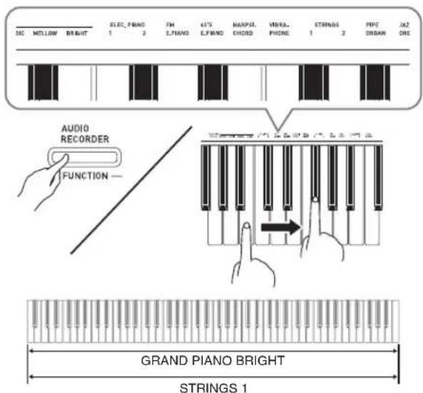 SE MELLOW BRIGHT RLEC_Piano 1 2 FM L.Piano K'S L.Piano MAPER CHORD VERA-PHONE STRINGS 1 2 PEET ORGAN JAZ ORE AUDIO RECORDER FUNCTION — GRAND PIANO BRIGHT STRINGS 1