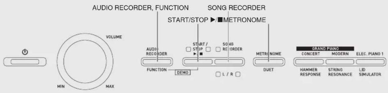 AUDIO RECORDER, FUNCTION SONG RECORDER START/STOP ▶■METRONOME VOLUME MIN MAX AUDIO RECORDER FUNCTION DEMO START / STIP □ SONG RECORDER L / R □ METRONOME DUET GRAND PIANO CONCERT MODERN ELEC. PIANO 1 HAMMER RESPONSE STRING RESONANCE LID SIMULATOR
