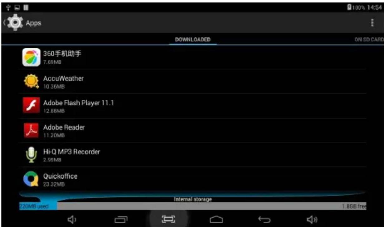 100% 14:54 Apps DOWNLOADED ON SD CARD 360手机助手 7.69MB AccuWeather 10.36MB Adobe Flash Player 11.1 12.88MB Adobe Reader 11.20MB Hi-Q MP3 Recorder 2.95MB Quickoffice 23.32MB Internal storage 220MB used 1.8GB free