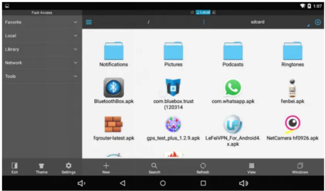 Fast Access Favorite Local Library Network Tools / > sdcard Notifications Pictures Podcasts Ringtones BluetoothBox.apk com.bluebox.trust (120314) com.whatsapp.apk fenbei.apk fqrouter-latest.apk gps_test_plus_1.2.9.apk LeFeiVPN_For_Android4.x.apk NetCamera hf0926.apk Exit Theme Settings New Search Refresh View Windows