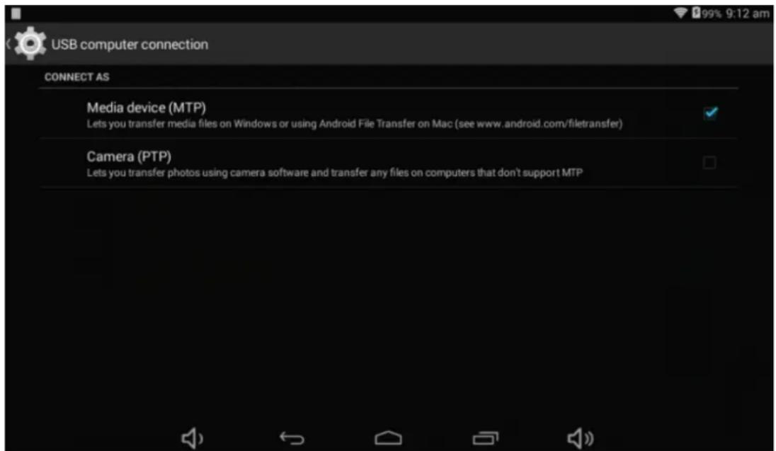 USB computer connection CONNECT AS Media device (MTP) Lets you transfer media files on Windows or using Android File Transfer on Mac (see www.android.com/filetransfer) Camera (PTP) Lets you transfer photos using camera software and transfer any files on computers that don't support MTP
