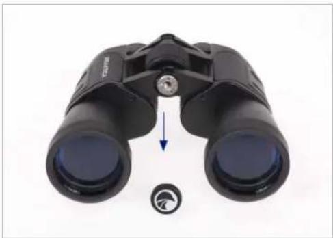 Black binoculars with a blue arrow pointing to the left, and a small logo on the right (no text or symbols visible)