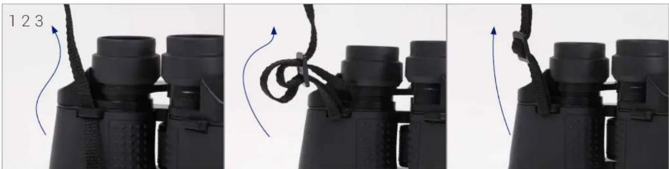 Three-panel sequence showing binoculars with rope and cable, no text or symbols present