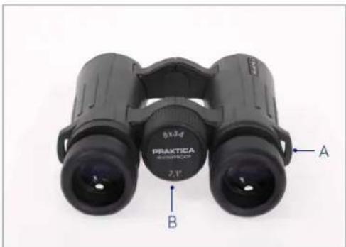Black PRAKTIKA binoculars with labeled parts A and B, shown against a white background (no text beyond labels)