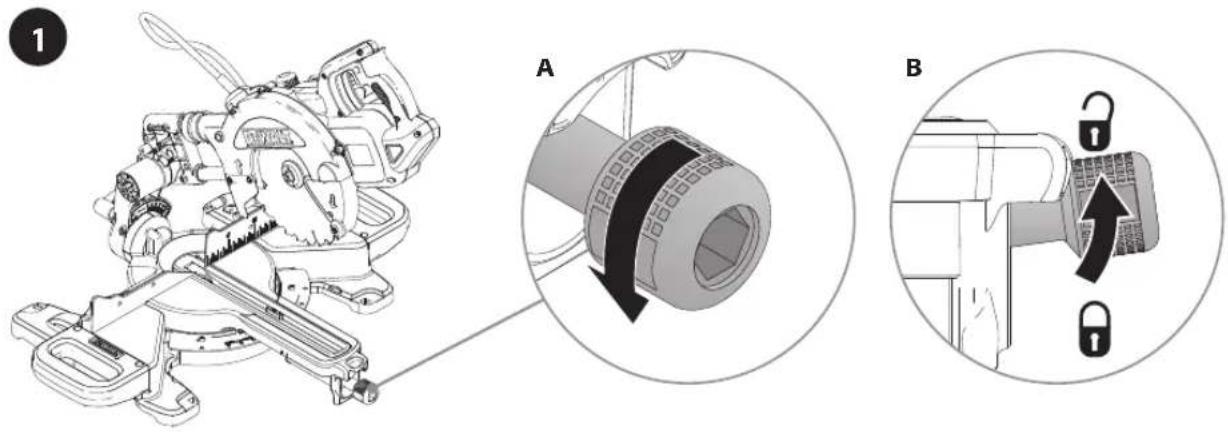 Technical diagram showing a cutting machine operation with labeled parts A and B, including a close-up of the component.