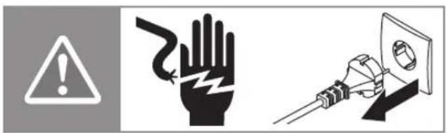 Safety warning symbol, warning triangle, hand gesture, and electrical plug diagram with Chinese labels