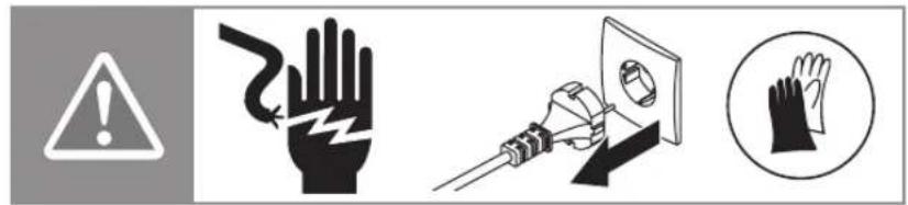 Warning symbols and electrical hazard icons: warning triangle, hand with lightning bolt, socket with screw, and hand holding glove
