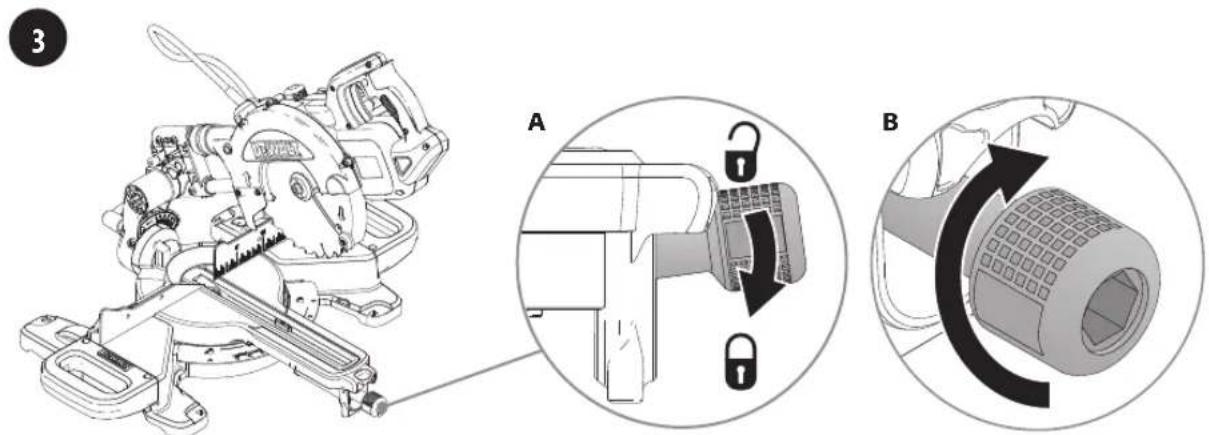Technical diagram showing a mechanical assembly with labeled parts A and B, including a close-up of a lock mechanism.
