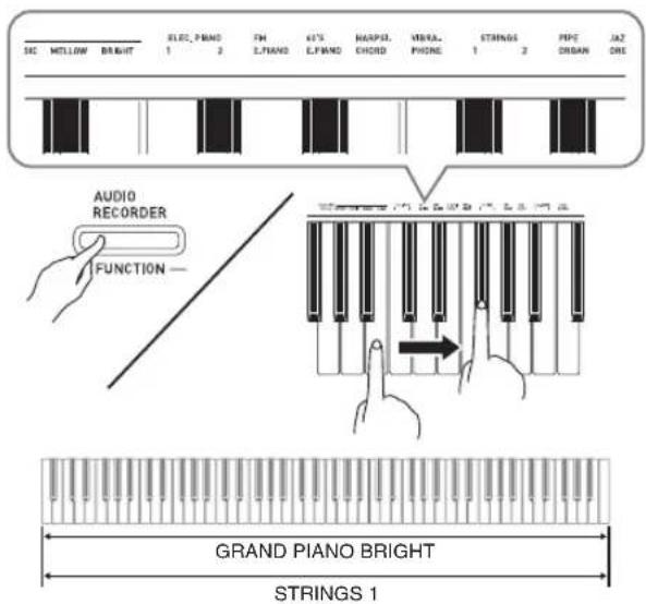 SE MELLOW BRIGHT ELEC. PIANO 1 2 FM L.PIANO K'S L.PIANO MAPER. CHORD VERA. PHONE STRINGS 1 2 PECT ORGAN JAZ ORE AUDIO RECORDER FUNCTION — GRAND PIANO BRIGHT STRINGS 1