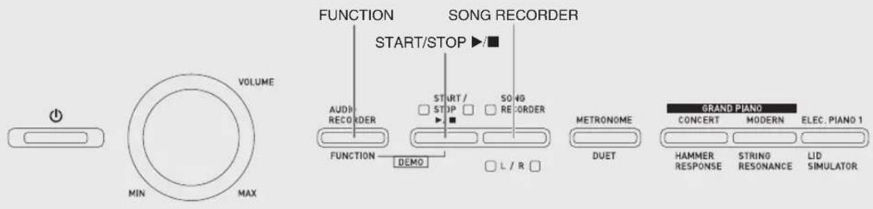 VOLUME MIN MAX FUNCTION START/STOP ▶/ AUDIO RECORDER START / STIP □ SONG RECORDER FUNCTION DEMO L / R □ SONG RECORDER METRONOME DUET GRAND PIANO CONCERT MODERN ELEC. PIANO 1 HAMMER RESPONSE STRING RESONANCE LID SIMULATOR