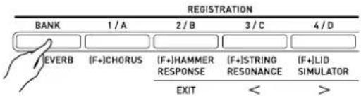 REGISTRATION BANK 1/A 2/B 3/C 4/D EVERB (F+)CHORUS (F+)HAMMER RESPONSE (F+)STRING RESONANCE (F+)LID SIMULATOR EXIT < >