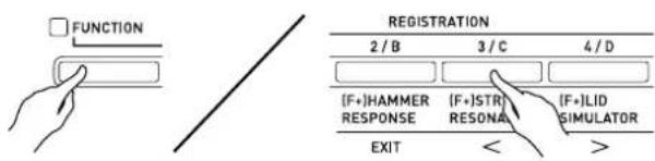 FUNCTION REGISTRATION 2 / B 3 / C 4 / D [F+]HAMMER RESPONSE (F+)STR RESONA (F+)LID SIMULATOR EXIT < >