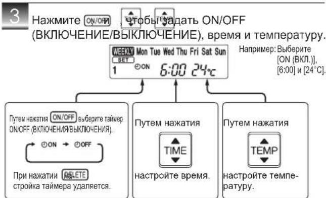 3 Нажмите ON/OFF Начы задать ON/OFF (ВКЛЮЧЕНИЕ/ВЫКЛЮЧЕНИЕ), время и температуру. WEEKLY Mon Tue Wed Thu Fri Sat Sun SET 1 ON 6:00 24°C Путем нажатия ON/OFF выберите таймер ON/OFF (ВКЛЮЧЕНИЯ/ВЫКЛЮЧЕНИЯ). При нажатии DELETE стройка таймера удаляется. Путем нажатия TIME настройте время. Путем нажатия TEMP настройте температуру.