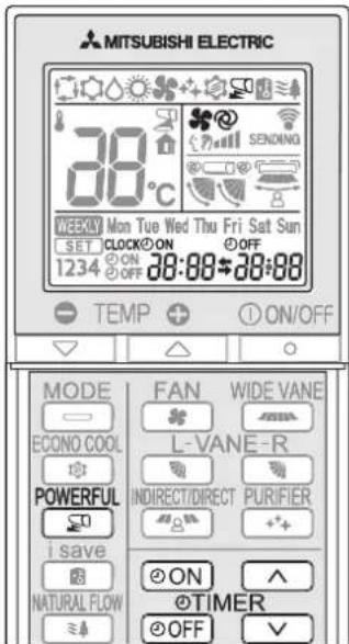 MITSUBISHI ELECTRIC 30°C WEEKLY Mon Tue Wed Thu Fri Sat Sun SET CLOCK ON OFF 12:34 ON OFF 38:88+38:88 TEMP ON/OFF MODE FAN WIDE VANE ECONO COOL L-VANE-R POWERFUL INDIRECT/DIRECT PURIFIER i save ON NATURAL FLOW @TIMER OFF