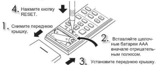 4. Нажмите кнопку RESET. 1. Снимите переднюю крышку. 2. Вставляйте щелочные батареи AAA вначале отрицательным полюсом. 3. Установите переднюю крышку.