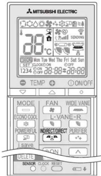 MITSUBISHI ELECTRIC 30°C SENDING WEEKLY Mon Tue Wed Thu Fri Sat Sun SET CLOCK ON OFF 1234 ON 30:88-38:88 TEMP ON/OFF MODE FAN WIDE VANE ECONO COOL L-VANE-R POWERFUL INDIRECT/DIRECT PURIFIER i save ON DELETE SENSOR CLOCK RESET