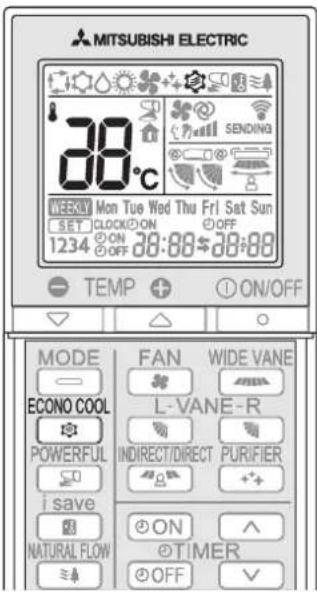 MITSUBISHI ELECTRIC 38°C WEEKLY Mon Tue Wed Thu Fri Sat Sun SET CLOCK ON OFF 12:34 ON OFF 38:88 38:88 TEMP ON/OFF MODE FAN WIDE VANE ECONO COOL L-VANE-R POWERFUL INDIRECT/DIRECT PURIFIER i save ON NATURAL FLOW @TIMER OFF