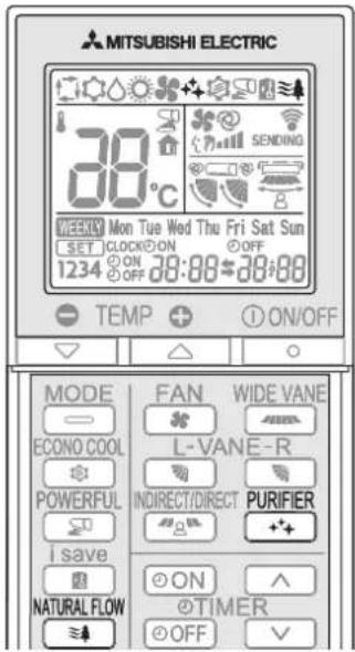 MITSUBISHI ELECTRIC 38°C WEEKLY Mon Tue Wed Thu Fri Sat Sun SET CLOCK ON OFF 1234 ON OFF 38:88-38:88 TEMP ON/OFF MODE FAN WIDE VANE ECONO COOL L-VANE-R POWERFUL INDIRECT/DIRECT PURIFIER i save ON NATURAL FLOW @TIMER OFF