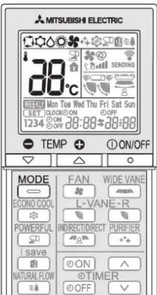 MITSUBISHI ELECTRIC 30°C WEEKLY Mon Tue Wed Thu Fri Sat Sun SET CLOCK ON 1234 ON OFF 38:88 38:88 TEMP + ON/OFF MODE ECONO COOL POWERFUL save NATURAL FLOW FAN WIDE VANE L-VANE-R INDIRECT/DIRECT PURIFIER ON TIMER OFF