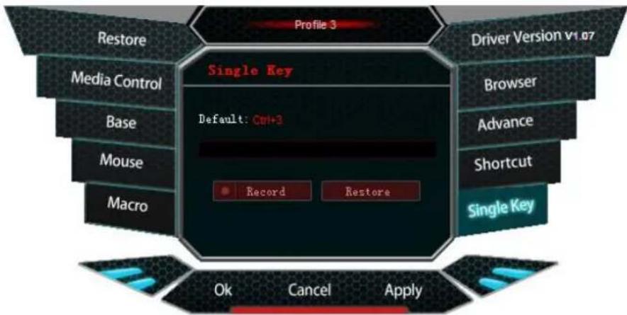 Profile 3 Driver Version v1.07 Restore Media Control Base Mouse Macro Single Key Default: Ctrl+3 Record Restore OK Cancel Apply